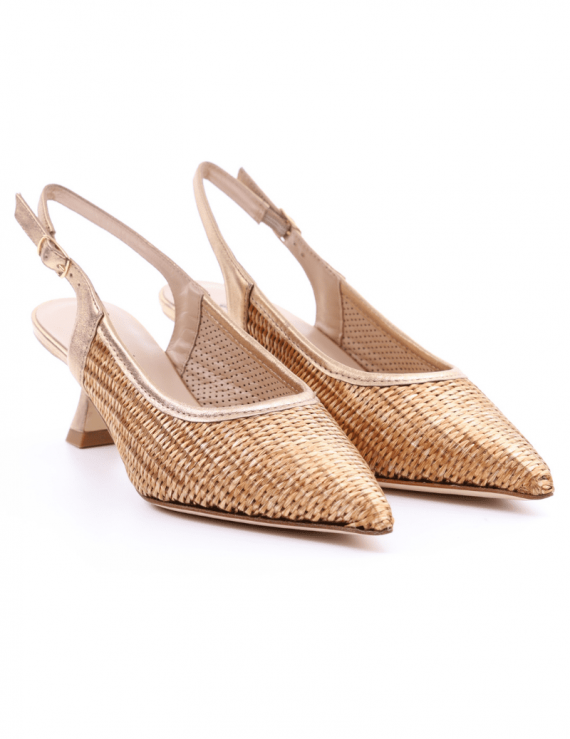 SCARPA-SANDALO CON TACCO MEDIO DONNA GIANNICALZATURE X1500P IN RAFFIA E PELLE ORO